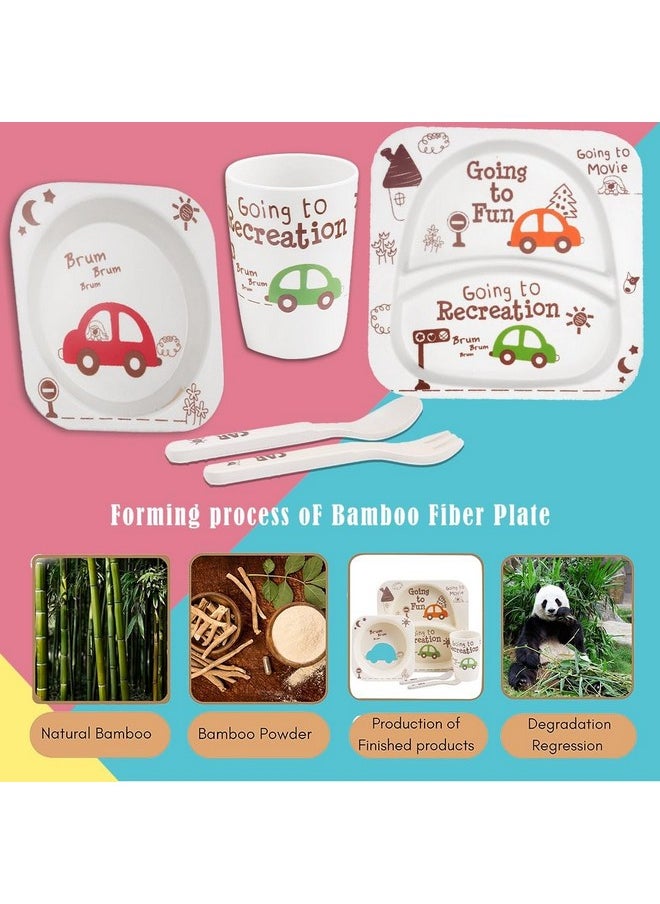 Bamboo Baby Feeding Set - 5-Piece Tableware For Toddlers, Kids & Babies Includes Plate, Bowl, Cup, Spoon, Fork - Bpa-Free, Unbreakable Eco-Friendly |Organic & Natural (Red Car)