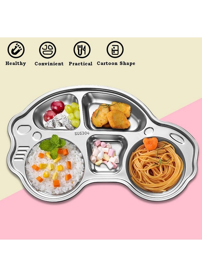 Stainless Steel Divided Meal Plate Tray-5 For Kids, Babies, Toddlers, Baby Feeding Kids Dinner Set With Compartments, Inspiring, Playful Design (Car)