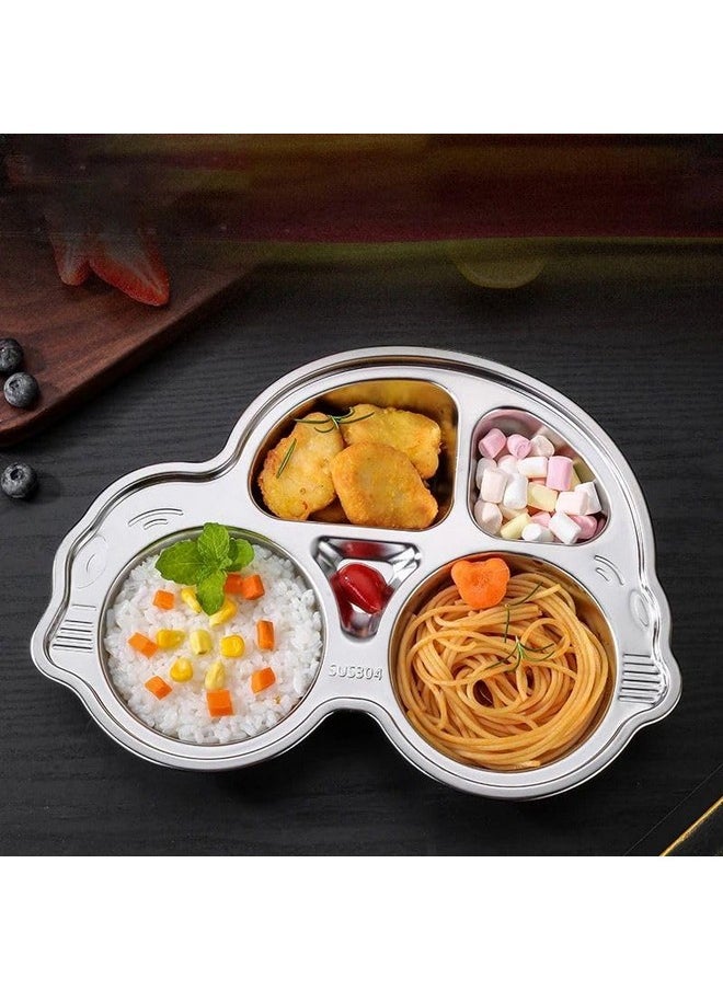 Stainless Steel Divided Meal Plate Tray-5 For Kids, Babies, Toddlers, Baby Feeding Kids Dinner Set With Compartments, Inspiring, Playful Design (Car)