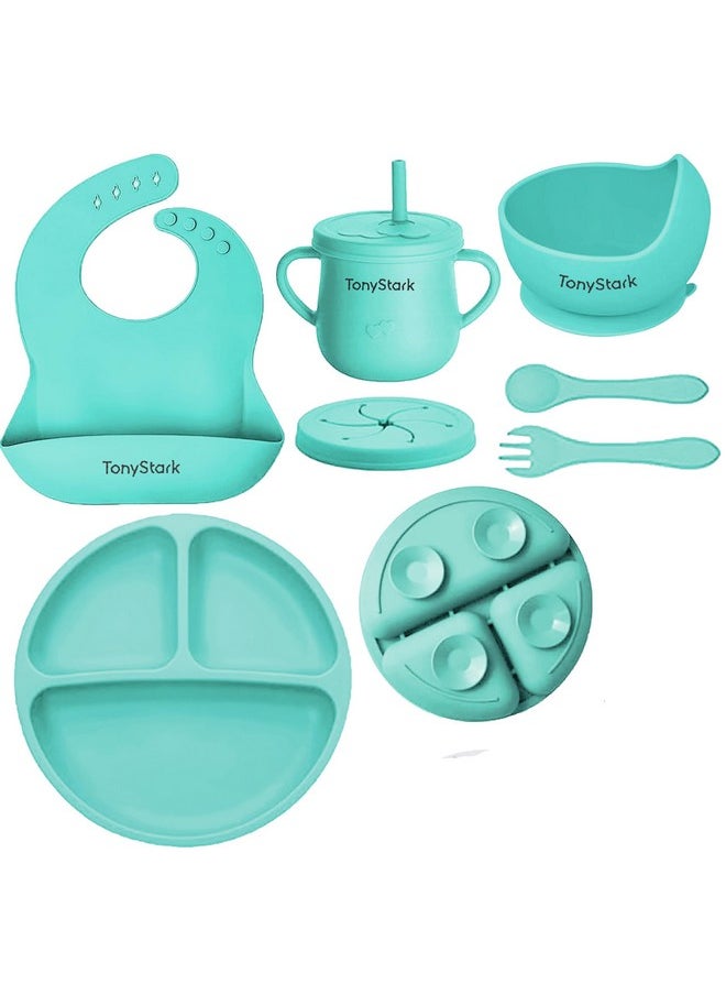 7 Pcs Silicone Baby Feeding Set Bpa-Free,Microwave Safe,Anti-Slip Base | Complete Tableware Kit For Babies & Toddlers With Suction Plate,Bowl,Cup, Spoon,Fork & Bib (Green)