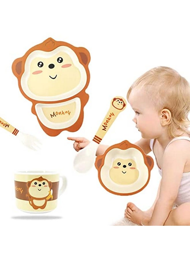 Bamboo Baby Tableware Set, Eco Friendly Bamboo Fiber Dinner Set For Weaning Toddlers/Kids, Set Of Plate Bowl Cup Fork And Spoon/Baby Feeding Utensils For Kids And Toddlers (Monkey)