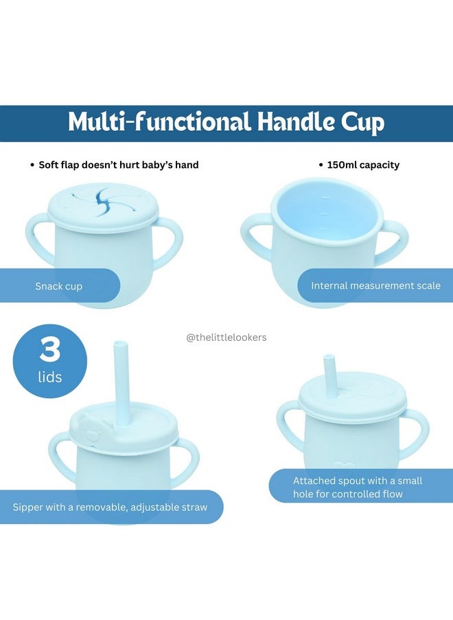 Baby Feeding Set | Silicone Baby Feeding Set | Adjustable Bib, Suction Plate, Suction Bowl, Cup, Straw Lid, Spout Lid, Snack Lid, 2 Set Of Spoon And Fork (Set Of 9) (Sky Blue)