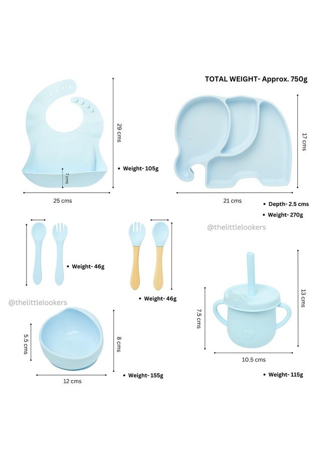 Baby Feeding Set | Silicone Baby Feeding Set | Adjustable Bib, Suction Plate, Suction Bowl, Cup, Straw Lid, Spout Lid, Snack Lid, 2 Set Of Spoon And Fork (Set Of 9) (Sky Blue)