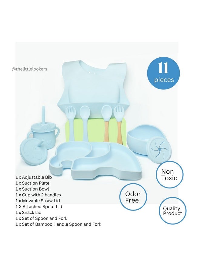 Baby Feeding Set | Silicone Baby Feeding Set | Adjustable Bib, Suction Plate, Suction Bowl, Cup, Straw Lid, Spout Lid, Snack Lid, 2 Set Of Spoon And Fork (Set Of 9) (Sky Blue)