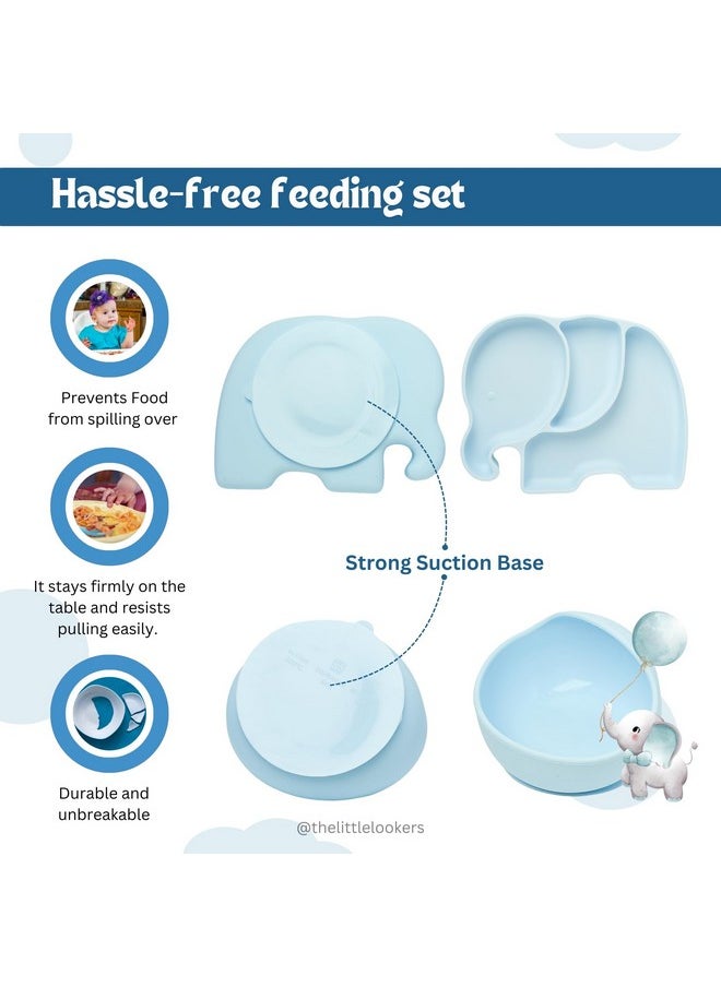 Baby Feeding Set | Silicone Baby Feeding Set | Adjustable Bib, Suction Plate, Suction Bowl, Cup, Straw Lid, Spout Lid, Snack Lid, 2 Set Of Spoon And Fork (Set Of 9) (Sky Blue)