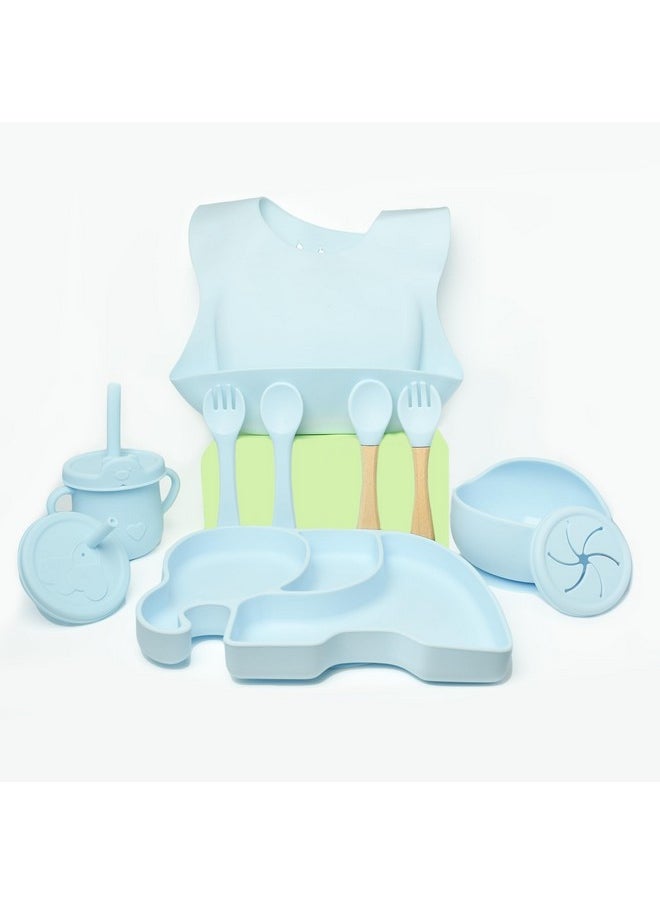 Baby Feeding Set | Silicone Baby Feeding Set | Adjustable Bib, Suction Plate, Suction Bowl, Cup, Straw Lid, Spout Lid, Snack Lid, 2 Set Of Spoon And Fork (Set Of 9) (Sky Blue)