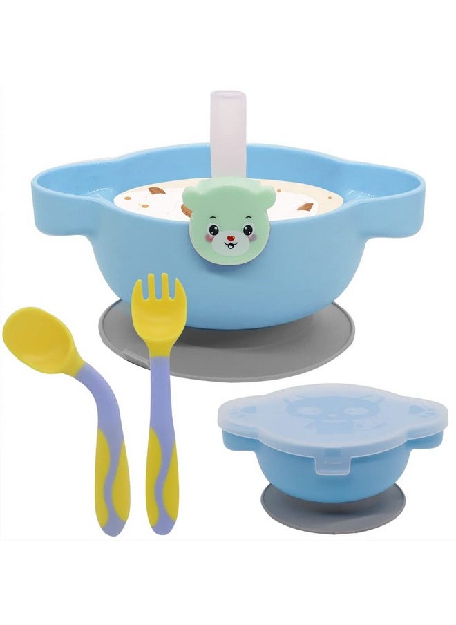 ® 4Pcs Baby Plates For Baby With Cover, Fork, Prispoons And Straws, Food Grade Pp Suction Cup Bowl Set, Self Feeding For Toddler, Dishwasher & Microwave Safe, Bpa Free