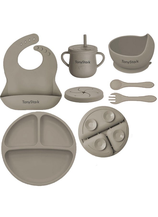 7 Pcs Silicone Baby Feeding Set Bpa-Free,Microwave Safe,Anti-Slip Base | Complete Tableware Kit For Babies & Toddlers With Suction Plate,Bowl,Cup, Spoon,Fork & Bib (Grey)