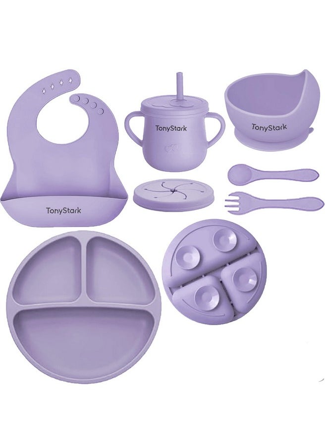 7 Pcs Silicone Baby Feeding Set Bpa-Free,Microwave Safe,Anti-Slip Base | Complete Tableware Kit For Babies & Toddlers With Suction Plate,Bowl,Cup, Spoon,Fork & Bib (Lavender)