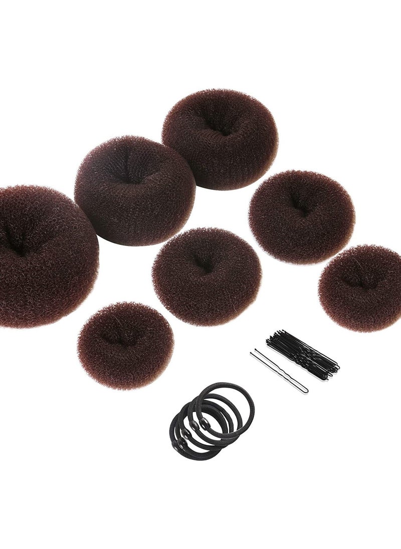 Hair Bun Maker 7pc - Ring Style Donut Hair Bun Maker with 5 Hair Ties, 20 Hair Pins Brown