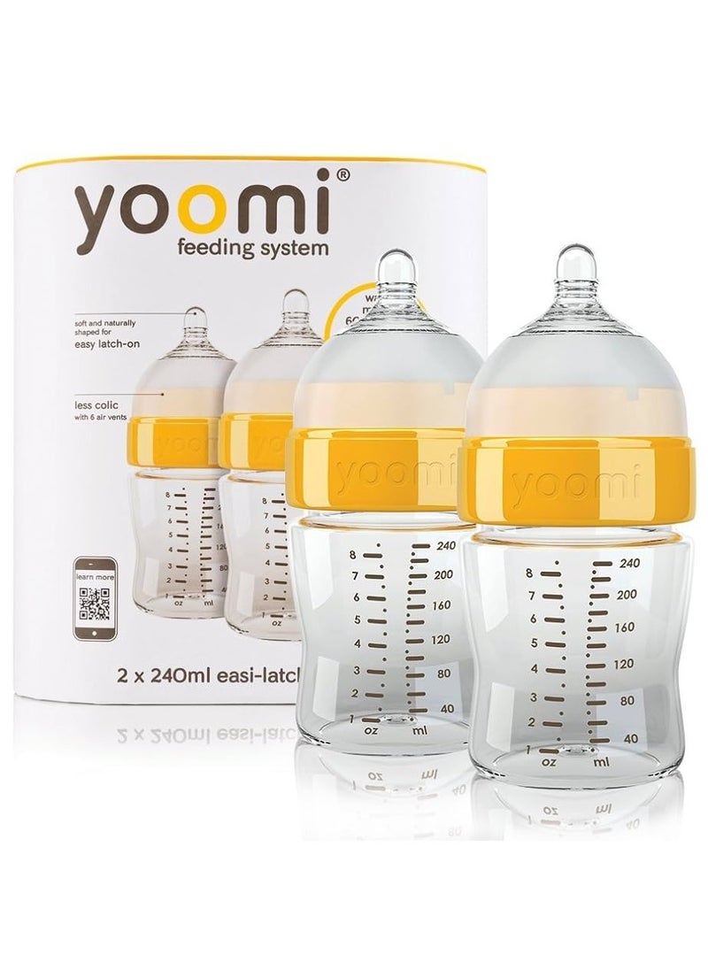 Yoomi Anti-Colic Baby Feeding Bottles (Pack of 2) – 240ml, BPA Free, Soft Teat, 6 Anti-Colic Vents, Wide Neck for Easy Filling & Cleaning, Spill-Free Cap, Ideal for Bottle & Breastfeeding Transition