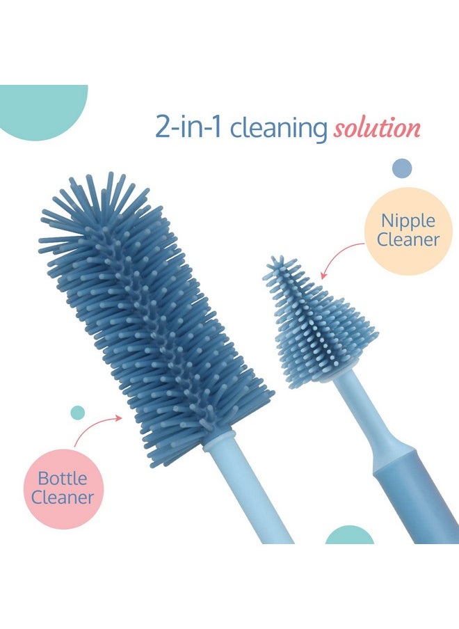 360° Movable Silicone Bristle Baby Feeding Bottle Cleaning Brush & Nipple Cleaner, Ergonomic Handle, Easy To Clean Bottle Corners For Narrow Neck & Wide Neck Feeding Bottles, Blue