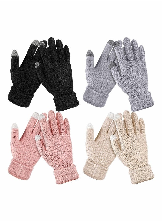 4 Pairs Women's Winter Touch Screen Gloves Warm Fleece Lined Knit Gloves Elastic Cuff Winter Texting Gloves