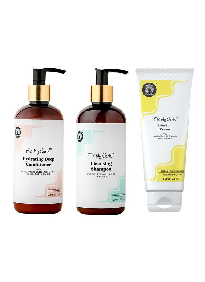 Hair Care Curl Defining 3-Step Kit | Sulfate-Free Cleansing Shampoo, Hydrating Conditioner & Leave-In Cream | For Naturally Curly, Wavy & Frizzy Hair | Enriched With Tea Tree| 250Ml Each