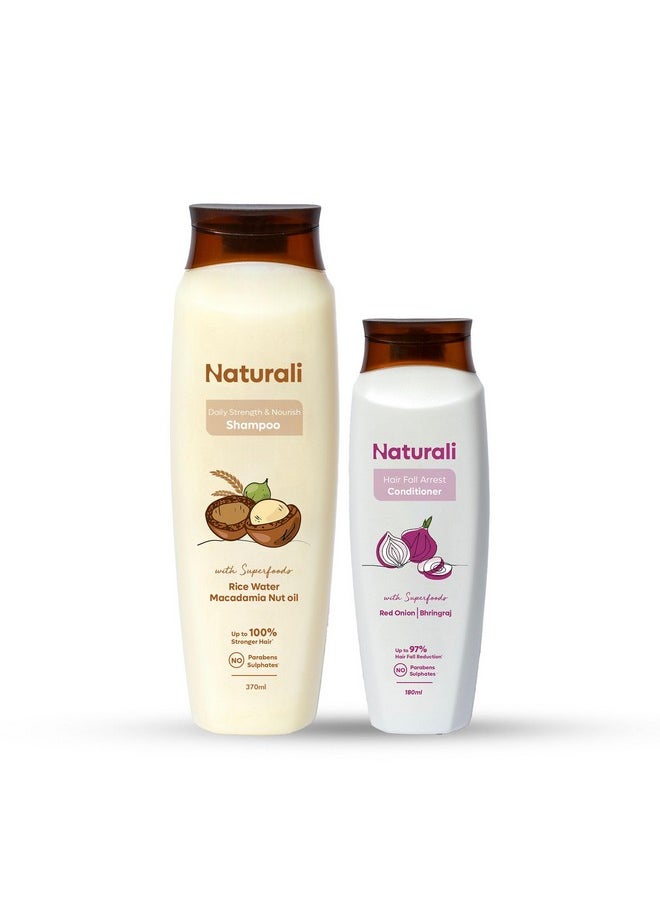 Daily Strength & Nourish Shampoo + Hair Fall Arrest Conditioner | Nourishes, Conditions Hair | Controls Hairfall, Frizziness | Rice Water Shampoo, Onion Bhringraj Conditioner | 370Ml+180Ml