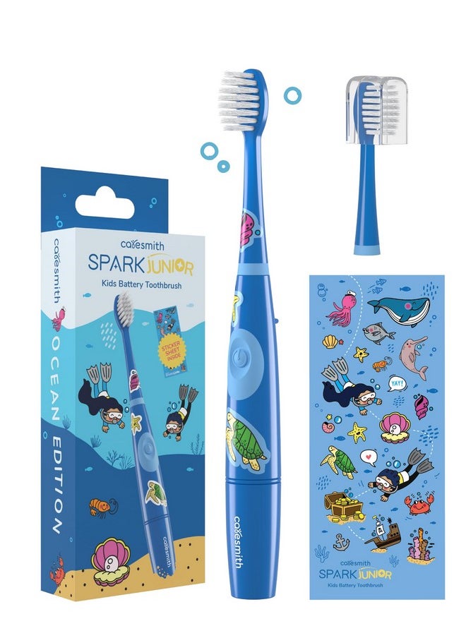 Spark Junior Electric Sonic Toothbrush For Kids Ocean Edition | Cute Aquatic Animal Stickers For Designing Your Power Toothbrush | 17000 Low Amplitude Strokes/Min Kids Sonic Toothbrush With 2 Ultra Soft Brush Heads