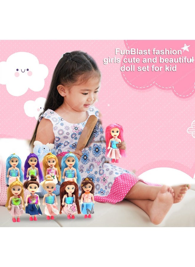 Doll Toys For Kids, (Pack Of 10 Pcs)- Small Doll For Girls- 10 Cm Cute Realistic Dolls For Girls, Dolls For 3+ Years Girls (Dress Color May Vary)