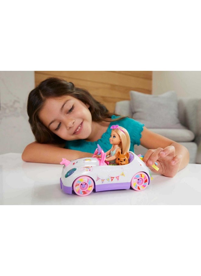 Club Chelsea™ Doll (6-Inch Blonde) With Open-Top Rainbow Unicorn-Themed Car, Pet Puppy, Sticker Sheet & Accessories, Gift For Ages 3 And Up