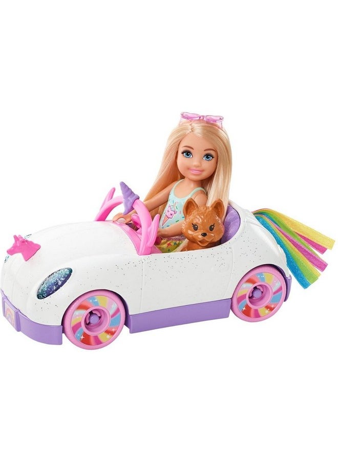 Club Chelsea™ Doll (6-Inch Blonde) With Open-Top Rainbow Unicorn-Themed Car, Pet Puppy, Sticker Sheet & Accessories, Gift For Ages 3 And Up