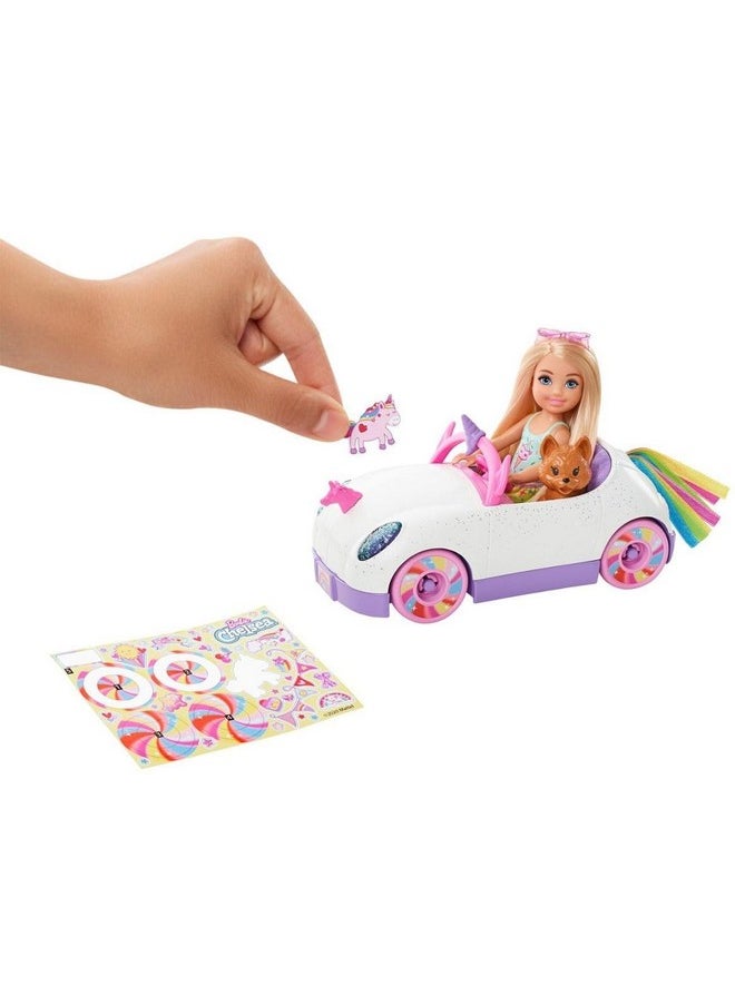 Club Chelsea™ Doll (6-Inch Blonde) With Open-Top Rainbow Unicorn-Themed Car, Pet Puppy, Sticker Sheet & Accessories, Gift For Ages 3 And Up