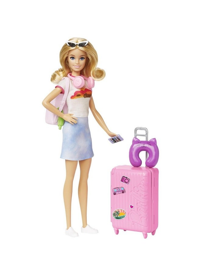 Doll And Accessories, “Malibu” Travel Set With Puppy And 10+ Pieces Including Working Suitcase