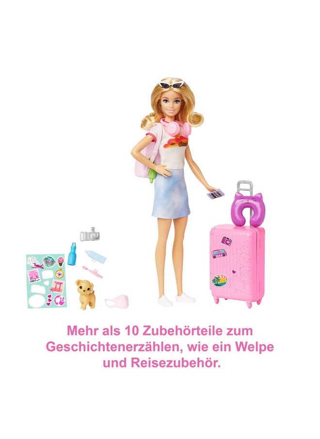 Doll And Accessories, “Malibu” Travel Set With Puppy And 10+ Pieces Including Working Suitcase