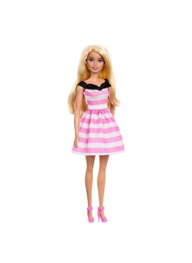 Doll And Accessories, 65Th Anniversary Commemorative Doll With Blonde Hair, Pink And White Striped Dress With Matching Heels