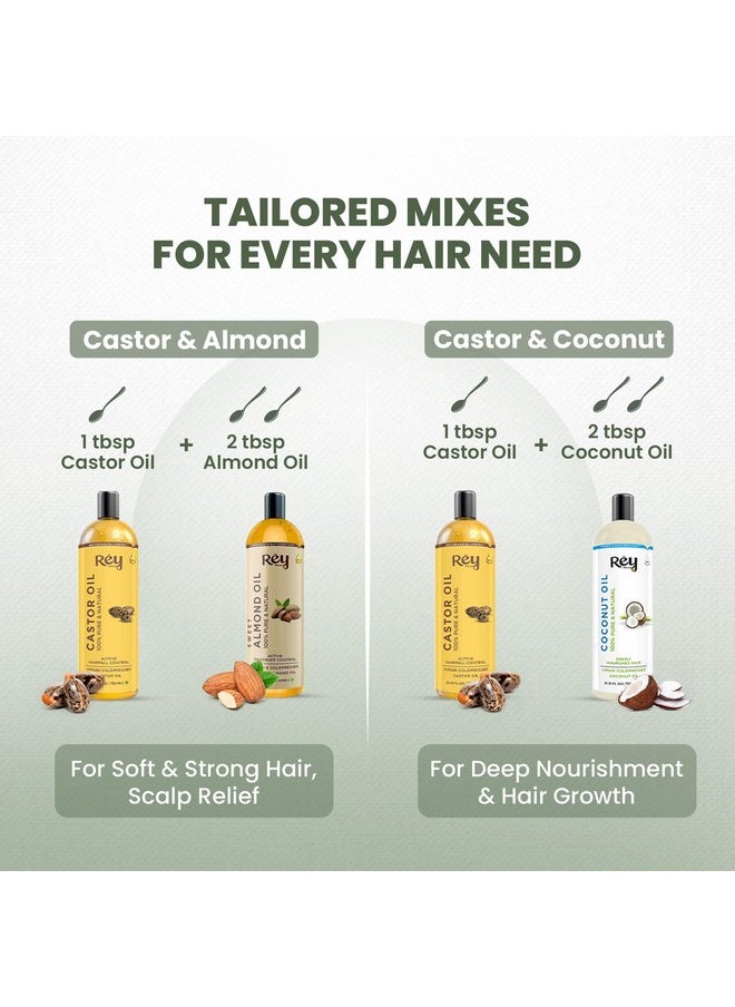 Cold Pressed Castor Oil For Hair Growth, Almond Oil For Hair Growth & Virgin Coconut Oil For Hair | Nourishing Hair Oil For All Hair Types | Deeply Moisturizes Strengthens Hair 200Ml Each