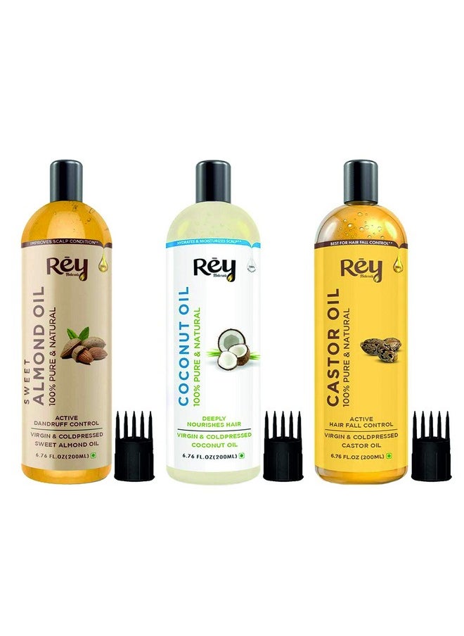 Cold Pressed Castor Oil For Hair Growth, Almond Oil For Hair Growth & Virgin Coconut Oil For Hair | Nourishing Hair Oil For All Hair Types | Deeply Moisturizes Strengthens Hair 200Ml Each