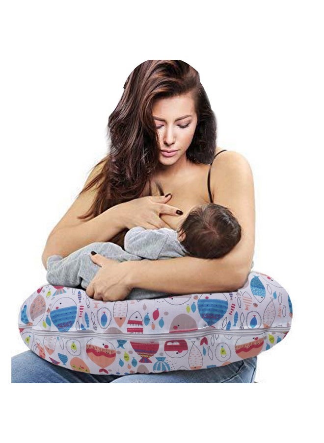 5In1 Baby Feeding Pillow With 100% Cotton Detachable Cover | With Belt And Baby Hoop | Breastfeeding Pillow | Nursing Pillow (Colorful Fishes,Multicolor)