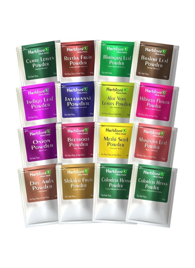 Herbal Hair Mask Powder Mini Pack - 16 Herbs Powders For Hair Growth And Scalp Health Hair Pack - 40G Each (640 Grams), Multicolor