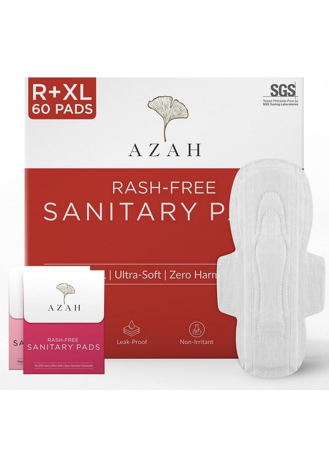 Sanitary Pads For Women (30 Reg + 30 Xl) [Pack Of 60] 100% Rash-Free Sanitary Napkins | 3X More Absorption, Cottony Soft And Dry Top Cover For Heavy Flow | Leak-Proof | With Disposable Bag