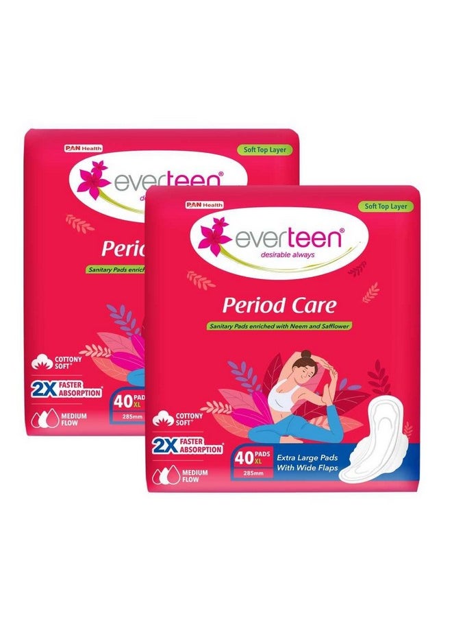 Period Care Xl Soft 40 Sanitary Pads Enriched With Neem And Safflower For Medium Flow - 2 Packs (40 Pads Each)