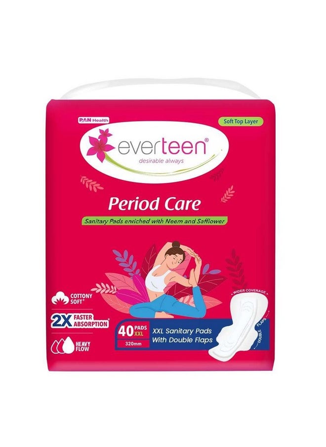 Period Care Xxl Soft Neem-Safflower Sanitary Pads For Women - 40 Pads, Rash Free, Anti Tan, Skin Friendly, Double Wing Shape, Advanced Leak Protection, Xx Large, 320Mm - 1 Pack (40 Pads)