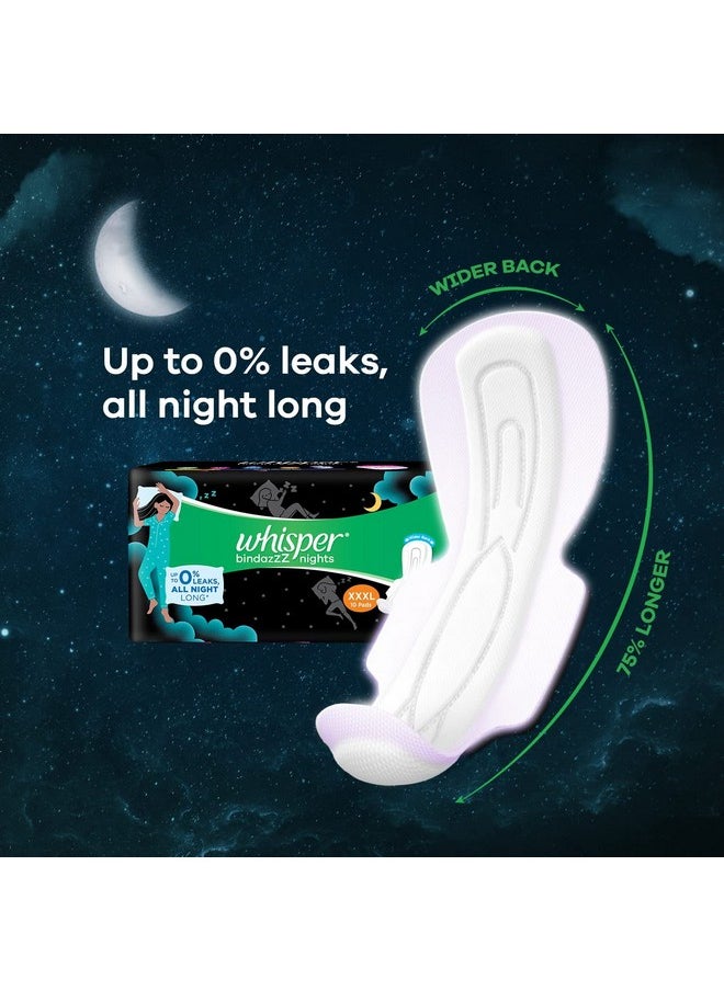 Bindazzz Nights Sanitary Pads, 10 Xxxl Pads, Upto 0% Leaks All Night Long, For Heavy Flow, 75% Longer & Wider Back, Comfortable Cushiony Soft Wings, Disposable Wrapper