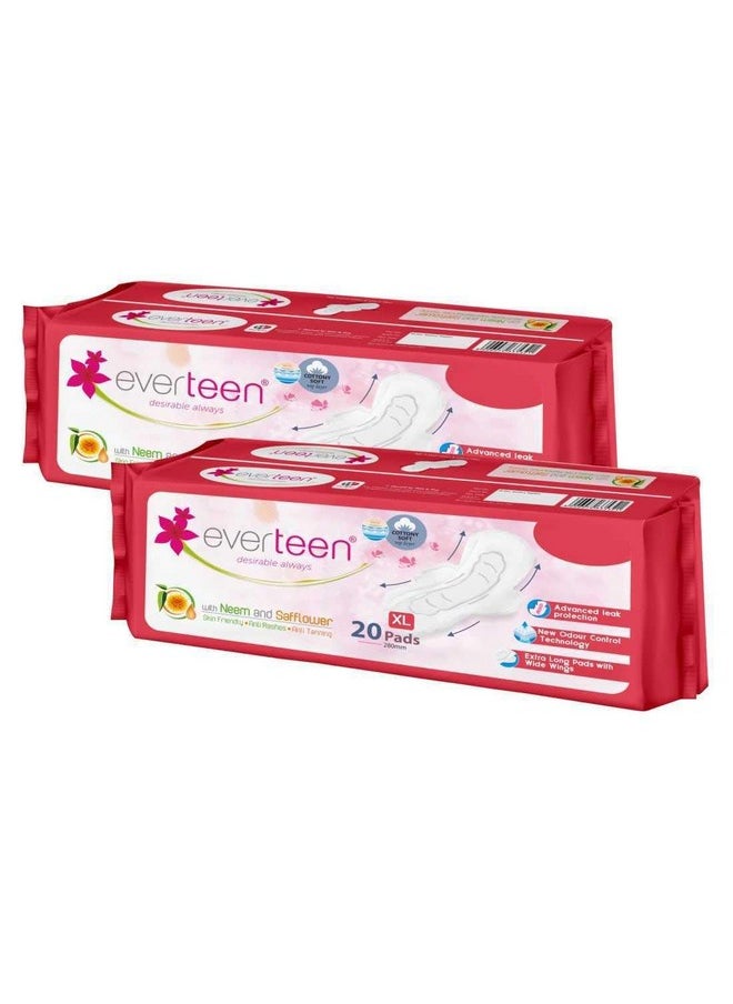 Xl Cottony-Soft Top Sanitary Pads With Neem And Safflower 2 Packs (Pack Of 20 Pads Each, 280Mm)