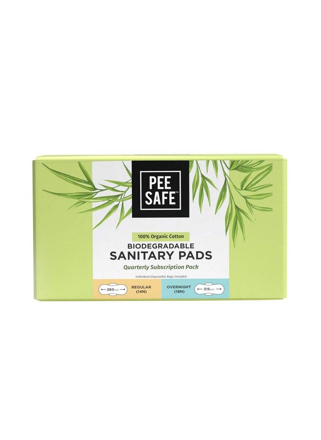 Pee Safe 100% Organic Cotton Biodegradable Sanitary Pads, Quarterly Pack (Pack Of 14 Regular & 18 Overnight Pads) |Anti-Bacterial | Superb Absorbency | Skin Friendly|Comfortable