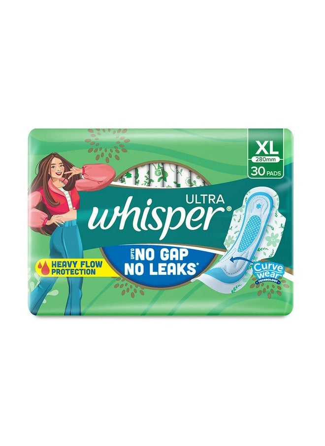 Ultra Upto No Gap No Leaks Sanitary Pads, 30 Xl Pads, For Heavy Flow Protection, With Curvewear™ Technology, Cotton Like Softness, Disposable Wrapper, Locks Odour & Wetness