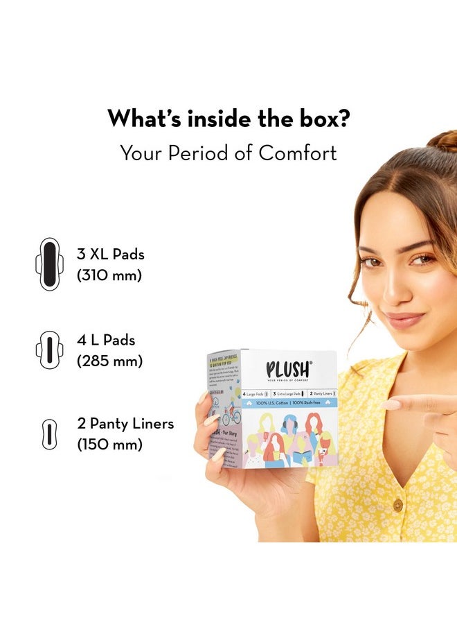 Ultra-Thin Sanitary Pads For Women, 7 Cotton Sanitary Napkins- Pack Of 4 | 3 Medium Flow Xl + 4 Light Flow L + 2 Panty Liners For Rash Free Periods | Pure U.S. Cotton Pads
