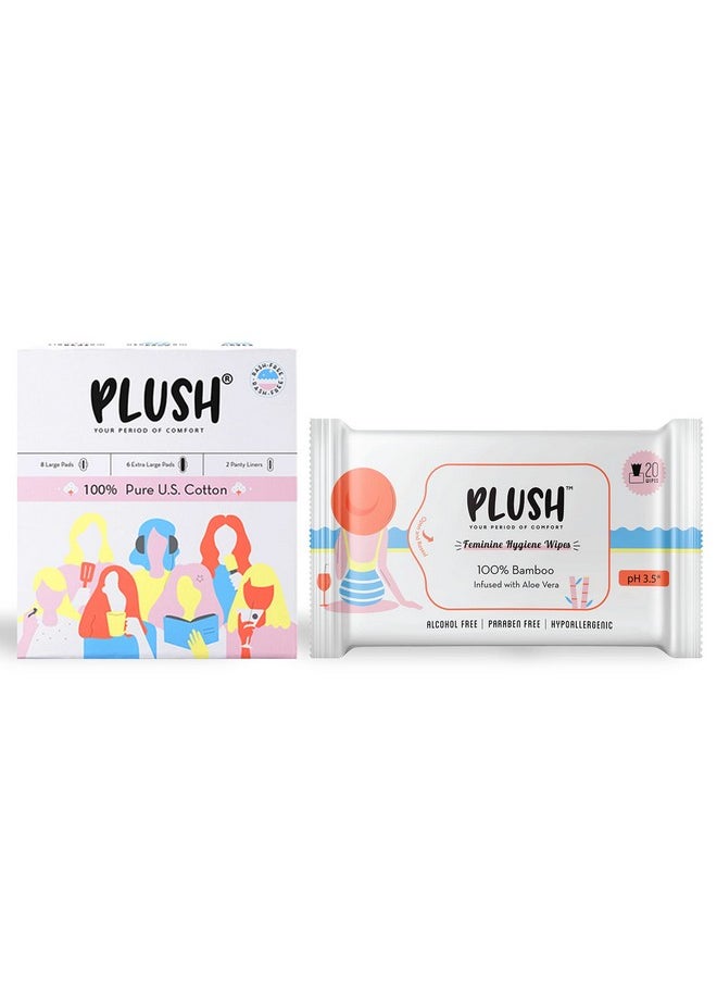 Period Kit For Women With 8 Light Flow Pads, 6 Heavy Flow Pads, 2 Panty Liners And 20 Intimate Wipes | 100% Pure U.S. Cotton, Rash Free | No Chemicals & Fragnance | For All Skin Type | Safe Hygenic Intimate Set