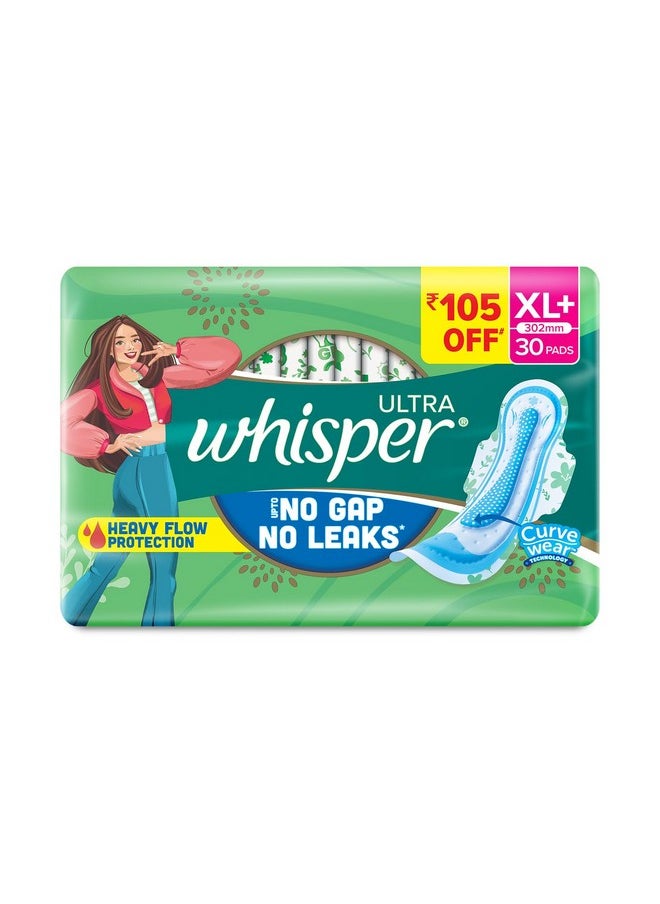 Ultra Hygiene+Comfort Sanitary Pads, 30 Xl+ Pads, For Heavy Flow, Long Lasting Protection, Locks Odour & Wetness, Dry Top Sheet, Disposable Wrapper