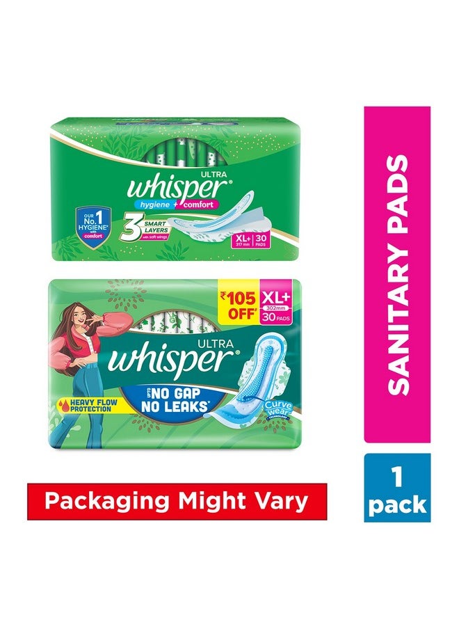 Ultra Hygiene+Comfort Sanitary Pads, 30 Xl+ Pads, For Heavy Flow, Long Lasting Protection, Locks Odour & Wetness, Dry Top Sheet, Disposable Wrapper