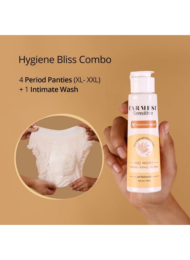 Hygiene Bliss Combo | 4 Period Panties (Xl-Xxl) And Intimate Wash (100Ml) | Maternity Panties For Super-Heavy Flow | Ph Balanced Wash To Prevent Burning & Itching