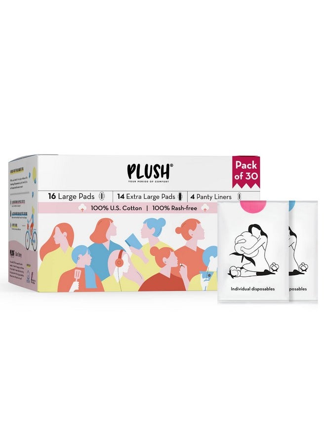 Ultra-Thin Sanitary Pads For Women, 30 Cotton Sanitary Napkins | 14 Medium Flow Xl + 16 Light Flow L + 4 Panty Liners For Rash Free Periods | Pure U.S. Cotton Pads With Disposable Pouch