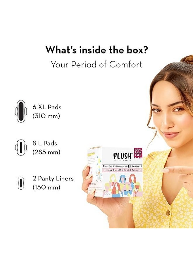 100% Pure U.S. Cotton 14 Sanitary Pads + 20 Panty Liners For Women | 8 Light Flow Pads (L) 6 Heavy Flow (Xl) | Ultra-Thin, Rash Free | Pure Cotton Top Sheet