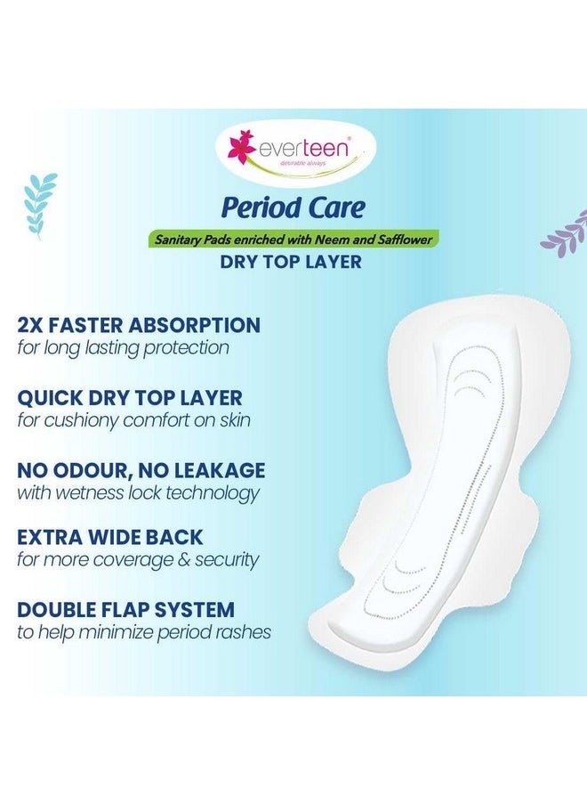 Period Care Xxl Dry Neem-Safflower Sanitary Pads For Women - 40 Pads, Rash Free, Anti Tan, Skin Friendly, Double Wing Shape, Advanced Leak Protection, Xx Large, 320Mm - 1 Pack (40 Pads)