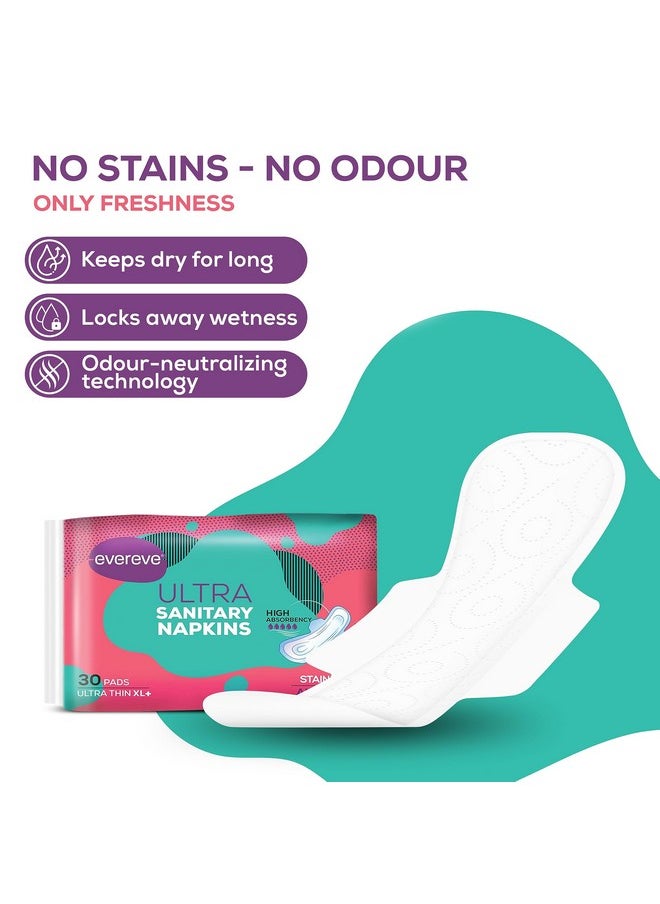 Ultra Sanitary Napkin/Pad, Xl+ 320Mm, Pack Of 30 Napkins, Maximum Coverage, Ultra Thin, Super Absorbent Core For Fast Absorption Of Liquid, Odour Neutralising Technology