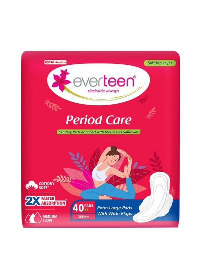 Period Care Xl Soft 40 Sanitary Pads Enriched With Neem And Safflower For Medium Flow - 1 Pack (40 Pads)