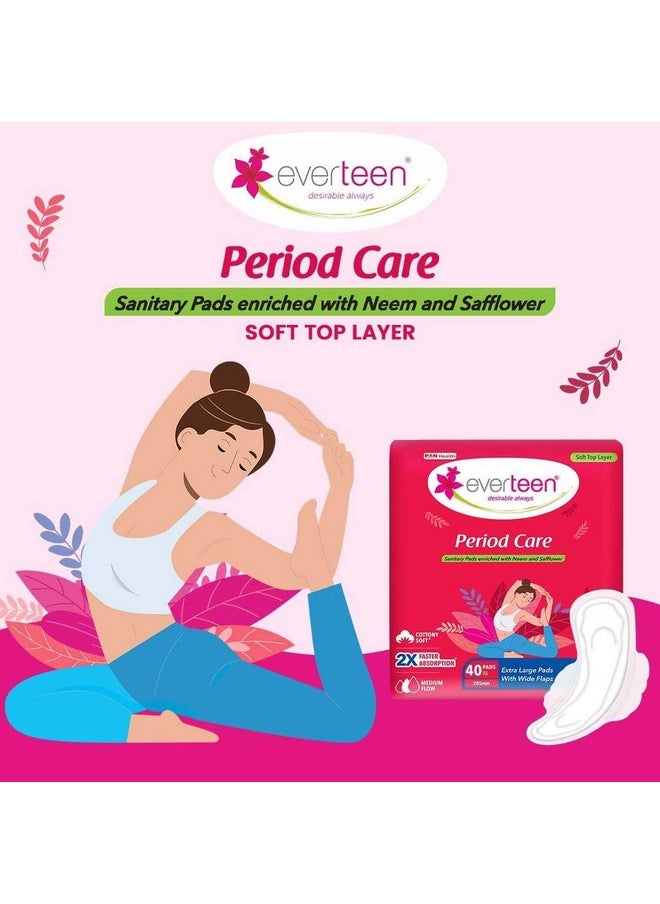 Period Care Xl Soft 40 Sanitary Pads Enriched With Neem And Safflower For Medium Flow - 1 Pack (40 Pads)