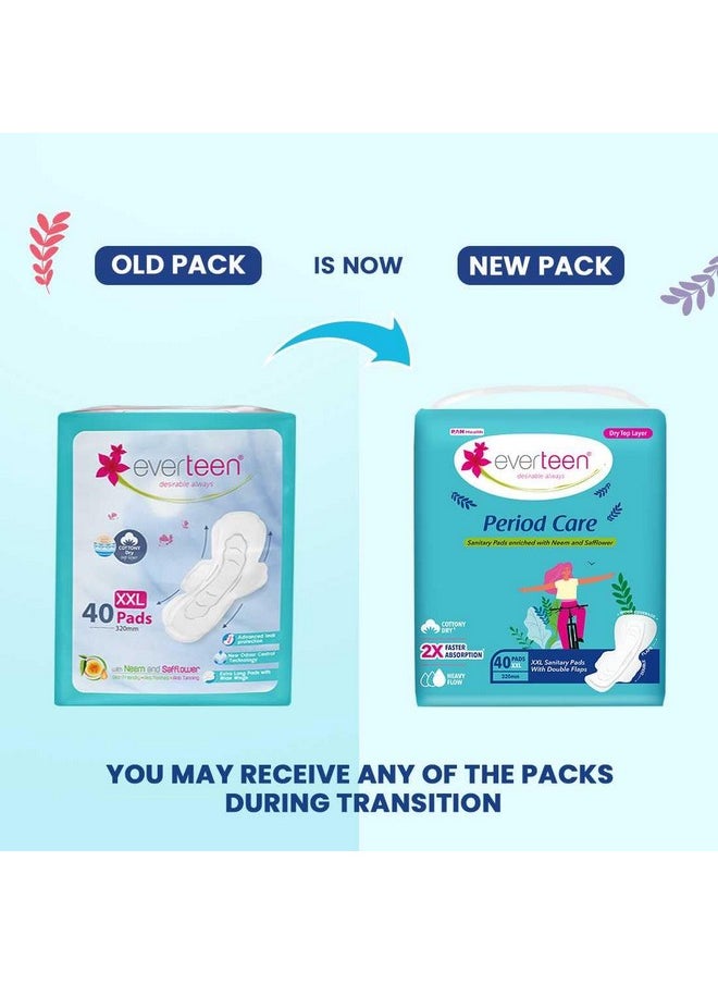 Period Care Xxl Dry Neem-Safflower Sanitary Pads For Women - 80 Pads, Rash Free, Anti Tan, Skin Friendly, Double Wing Shape, Advanced Leak Protection, Xx Large, 320Mm - 2 Packs (40 Pads Each, 320Mm)